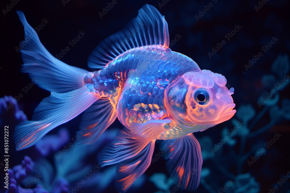 A mesmerizing neon fish glowing with pink and blue hues, swimming elegantly in a dark aquarium A mesmerizing neon fish glowing with pink and blue hues, swimming elegantly in a dark aquarium