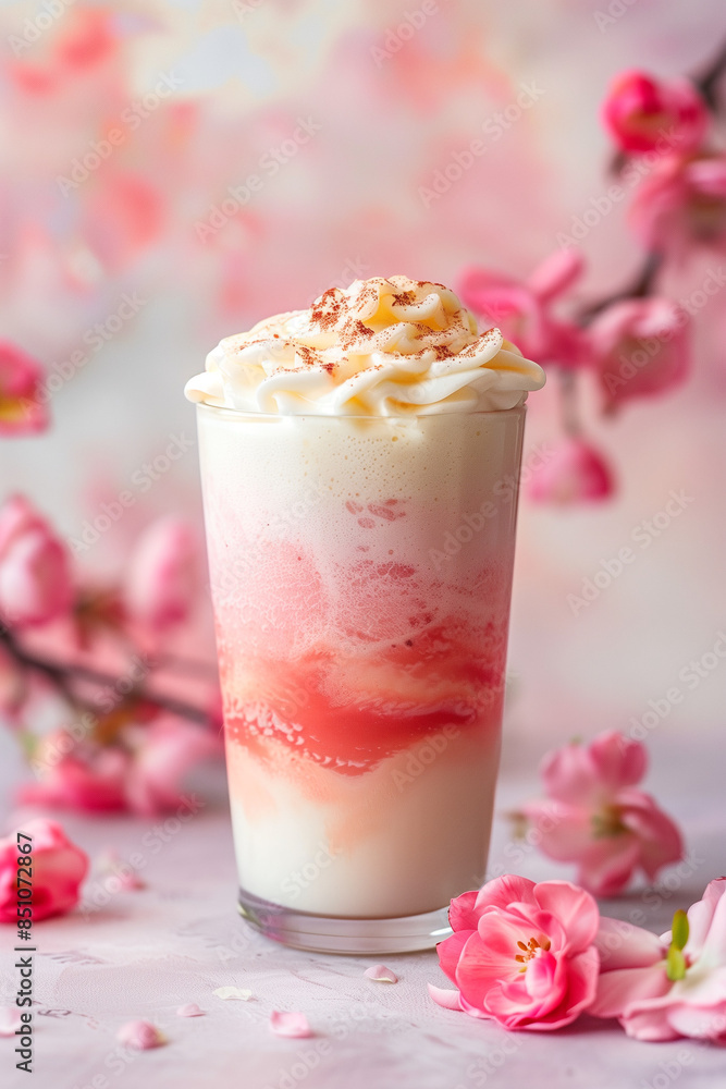 A serene cherry blossom smoothie in a tall glass, adorned with whipped cream, set against a pink floral background A serene cherry blossom smoothie in a tall glass, adorned with whipped cream, set against a pink floral background