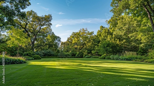 A large lush green field with trees in the background