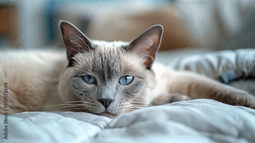 Close-Up of a Blue-Eyed Siamese Cat Relaxing on a Soft Bed Close-Up of a Blue-Eyed Siamese Cat Relaxing on a Soft Bed