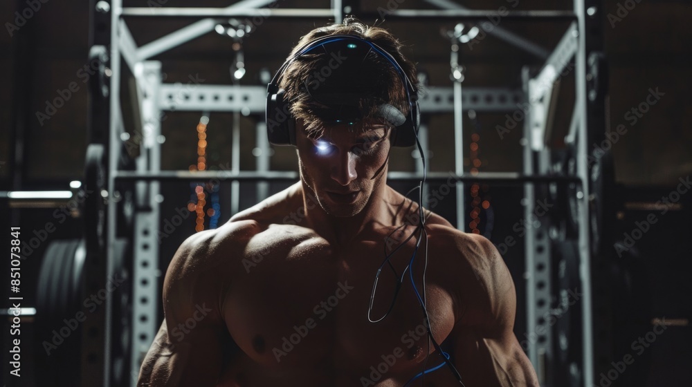 A muscular man with a headband and headphones is in a gym. A muscular man with a headband and headphones is in a gym.