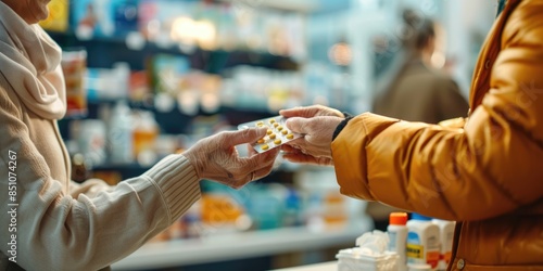 Pharmacist handing medication to customer at pharmacy AIG51A. photo