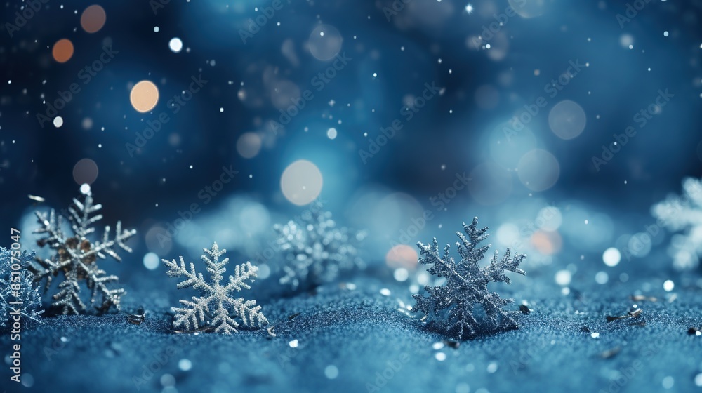 Magical background for festive moments: blue background with Christmas decorations and playful snowflakes, filling the space with festive mood Magical background for festive moments: blue background with Christmas decorations and playful snowflakes, filling the space with festive mood