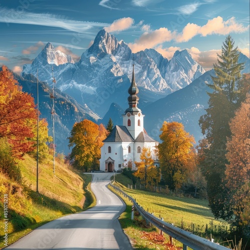 Iconic picture of Bavaria with Maria Gern church with Hochkalter peak on background. Fantastic autumn sunrise in Alps. Superb evening landscape of Germany countryside. Traveling concept background.. photo