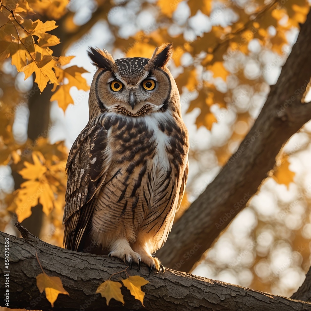 Majestic Owl Perched on Autumn Oak Tree at Golden Hour Majestic Owl Perched on Autumn Oak Tree at Golden Hour