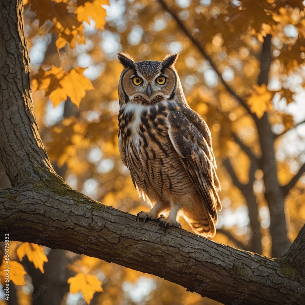 Majestic Owl Perched on Autumn Oak Tree at Golden Hour Majestic Owl Perched on Autumn Oak Tree at Golden Hour