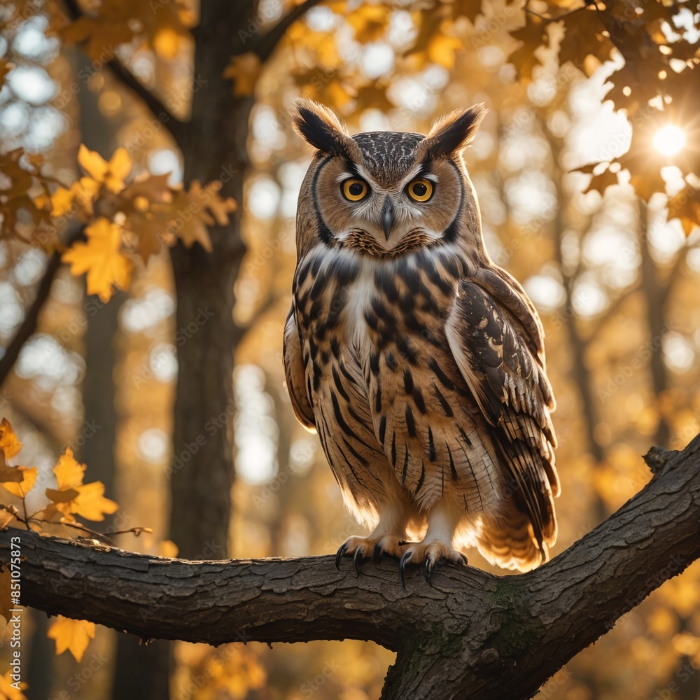 Majestic Owl Perched on Autumn Oak Tree at Golden Hour Majestic Owl Perched on Autumn Oak Tree at Golden Hour