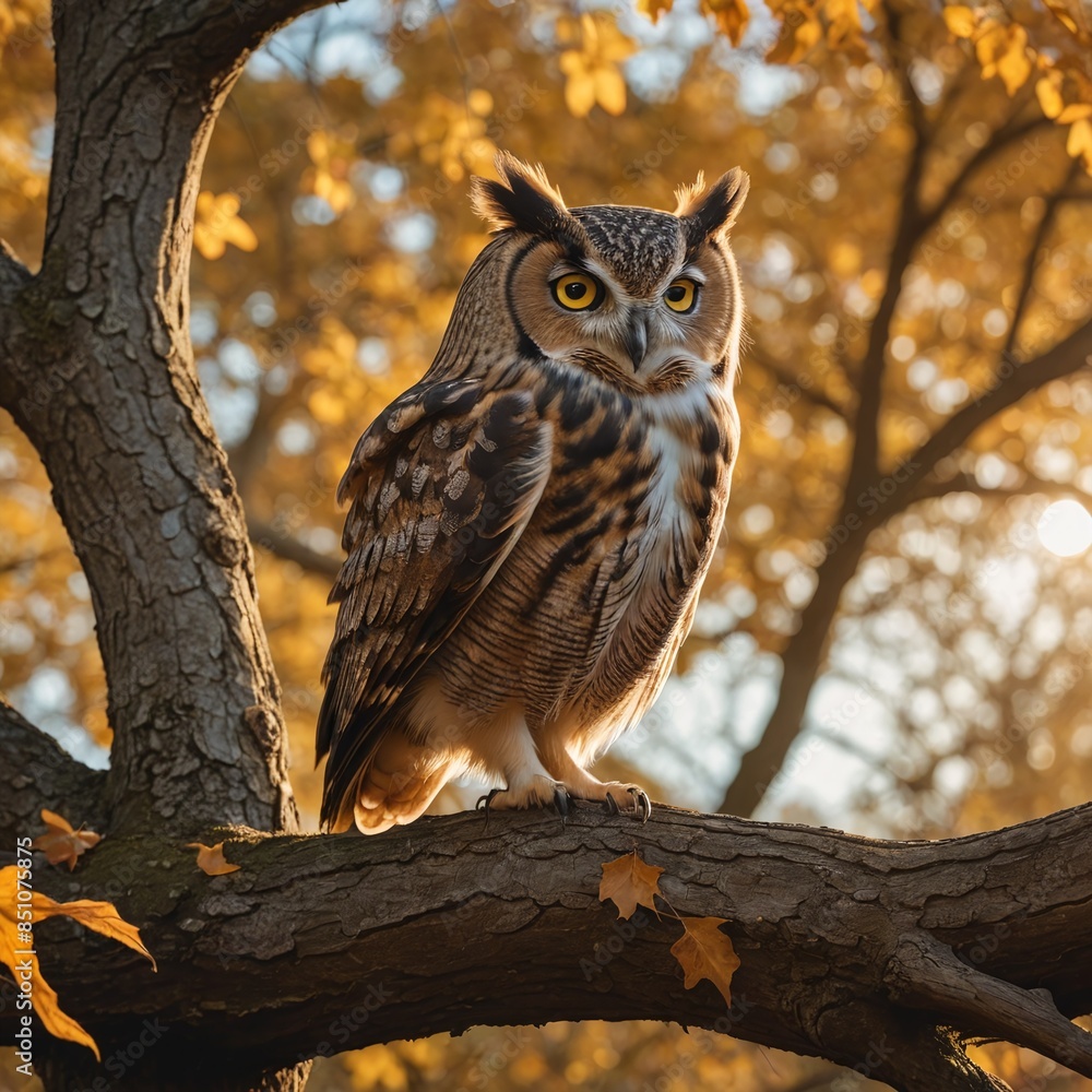 Majestic Owl Perched on Autumn Oak Tree at Golden Hour Majestic Owl Perched on Autumn Oak Tree at Golden Hour