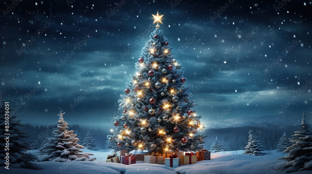 realistic christmas tree tallest tree in the forest with colored lights and christmas gifts realistic christmas tree tallest tree in the forest with colored lights and christmas gifts