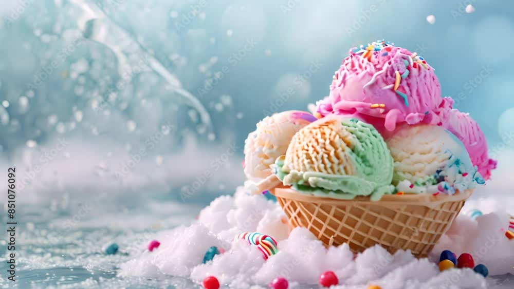 Colorful ice cream scoops in waffle cone on snowy background Colorful ice cream scoops in waffle cone on snowy background