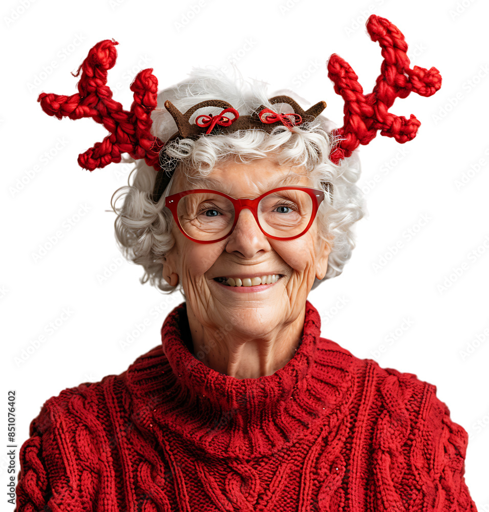 Happy smiling old women wearing red Christmas reindeer box on isolated transparent background Happy smiling old women wearing red Christmas reindeer box on isolated transparent background