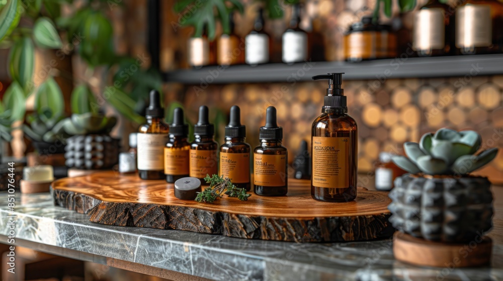 A variety of essential oils and natural products are displayed on a wooden slab in a shop. A variety of essential oils and natural products are displayed on a wooden slab in a shop.
