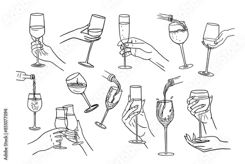 Large set of hands with champagne glasses, wine glasses, champagne and wine bottles. Cheers. Alcoholic drinks. Great for bar menu, greeting card, holiday, wedding, celebration. Hand drawn.