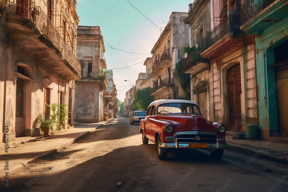 Classic car driving down a narrow street in havana, cuba during golden hour Classic car driving down a narrow street in havana, cuba during golden hour