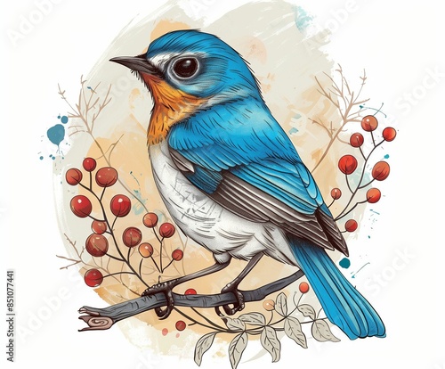 Blue bird background. Oil and watercolor painting. Sparrow, goldfinch, songbird, chickadee, tit, finch songbirds on a branch. Acrylic texture. Modern illustration.