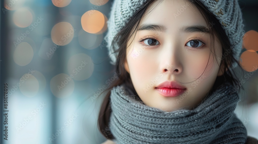 Korean woman winter fashion style with copy space, photo Korean woman winter fashion style with copy space, photo