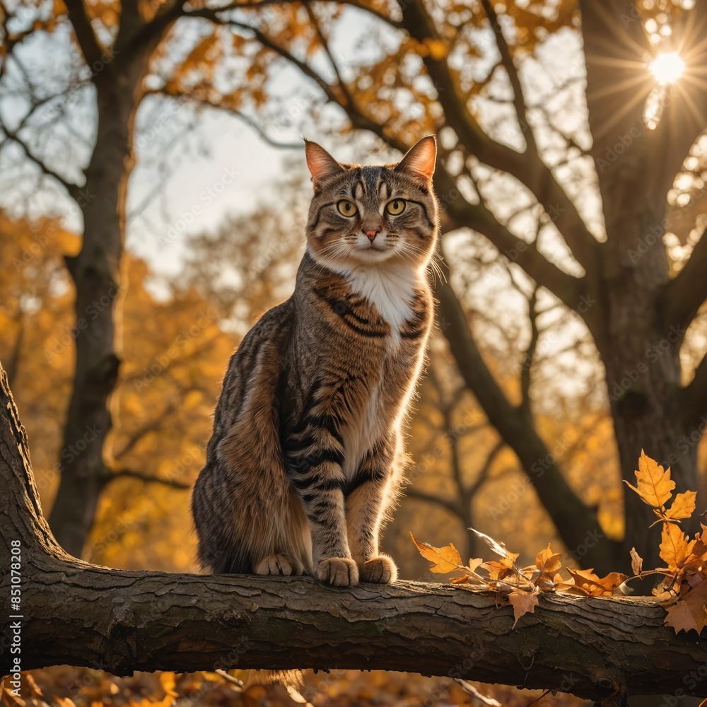 Graceful Cat on Autumn Oak Tree at Golden Hour Graceful Cat on Autumn Oak Tree at Golden Hour