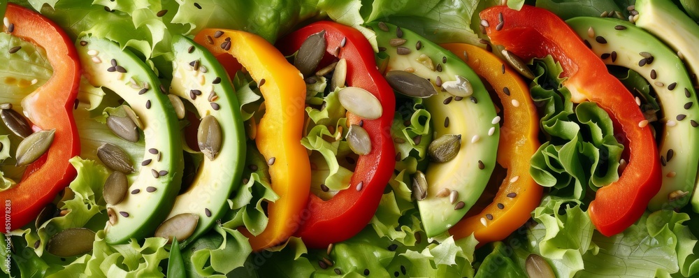 Sliced avocado and bell pepper making a healthy salad background Sliced avocado and bell pepper making a healthy salad background