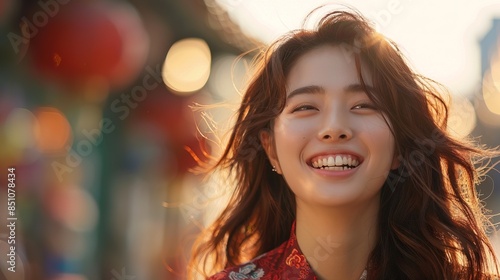 Korean woman laughing expression with copy space, photo