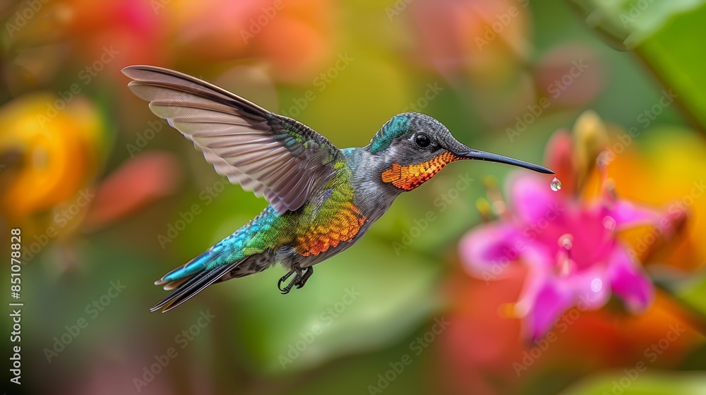 Fototapeta premium Fiery-Throated Hummingbird in Flight with Vibrant Flowers in the Background