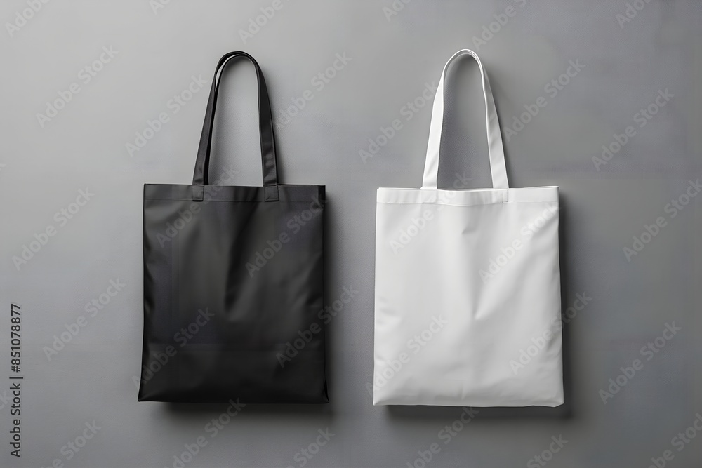 White and black tote bags mockup on a grey background. White and black tote bags mockup on a grey background.