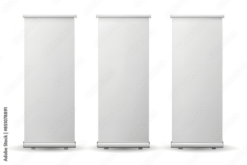 Creative vector illustration of empty roll up banners with paper canvas texture isolated on white background. Art design blank template mockup. Concept graphic promotional presentation element Creative vector illustration of empty roll up banners with paper canvas texture isolated on white background. Art design blank template mockup. Concept graphic promotional presentation element