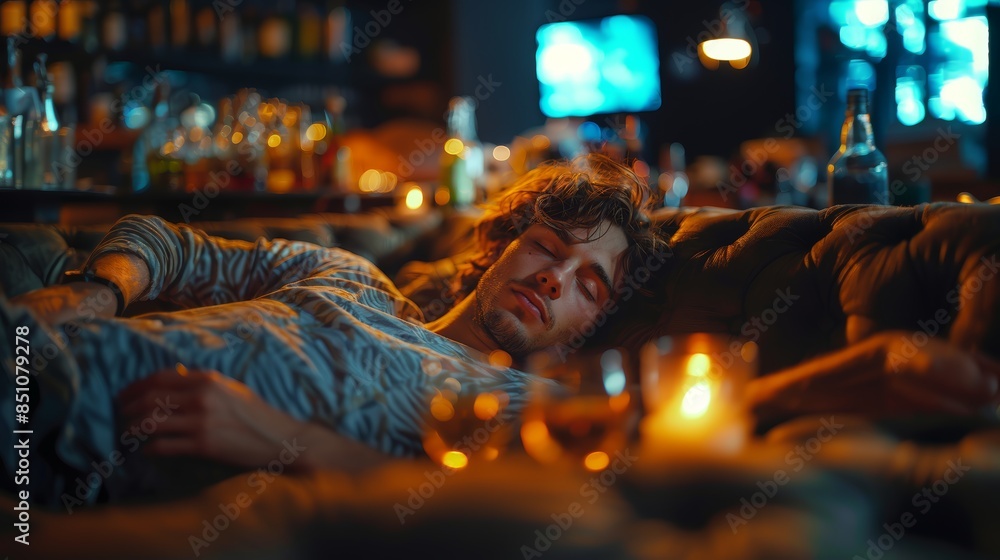 Young Man Passed Out After Party In Dimly Lit Lounge Young Man Passed Out After Party In Dimly Lit Lounge