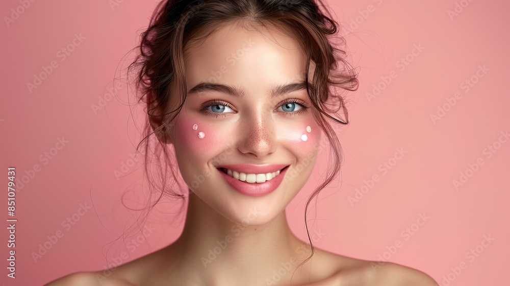 Korean beautiful woman smile use cream for good skin. face of a healthy woman apply cream and makeup Korean beautiful woman smile use cream for good skin. face of a healthy woman apply cream and makeup