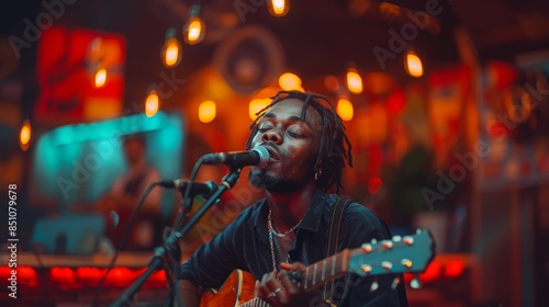 Young African American Man Singing and Playing Guitar on Stage in Cozy Decor