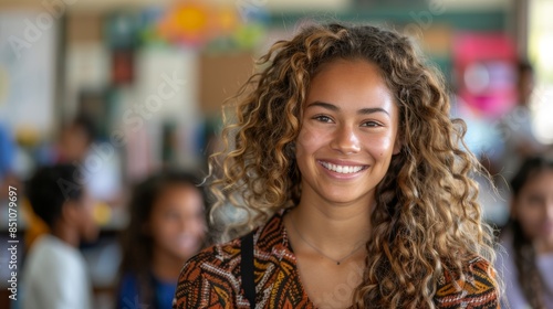 Young Biracial Teacher Smiling and Teaching in a Science Class