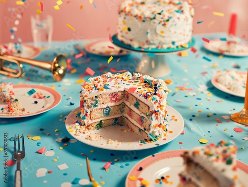 Scena di una torta di compleanno a festa finita con candeline, coriandoli, trombe, forchette, piatti e tovaglia azzurra