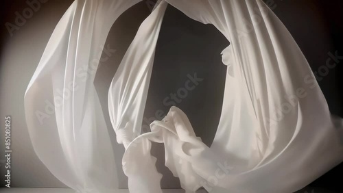 Ballet dancer video background studio portrait with white flowing drapes for a fabric background. Maternity, wedding or gymnastics portrait. Photo taken with Nikon D750 and edited with Pika Labs AI.