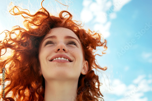 Close-up portrait of attractive young red-haired woman against blue sky on summer day