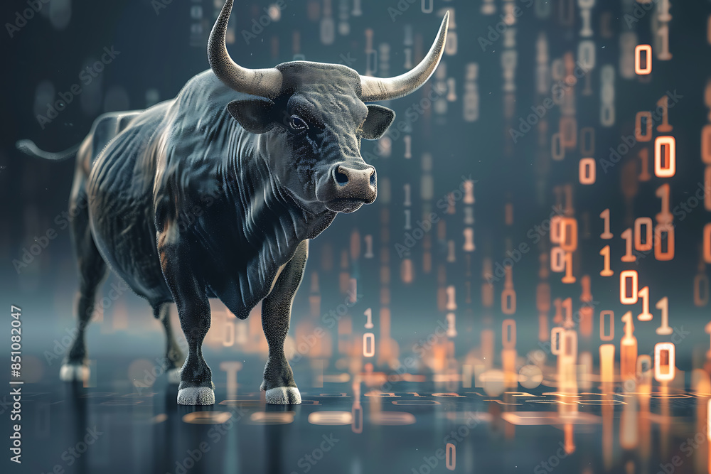 illustration of a healthy bull set against the backdrop of a Bitcoin coin with binary code in the background illustration of a healthy bull set against the backdrop of a Bitcoin coin with binary code in the background