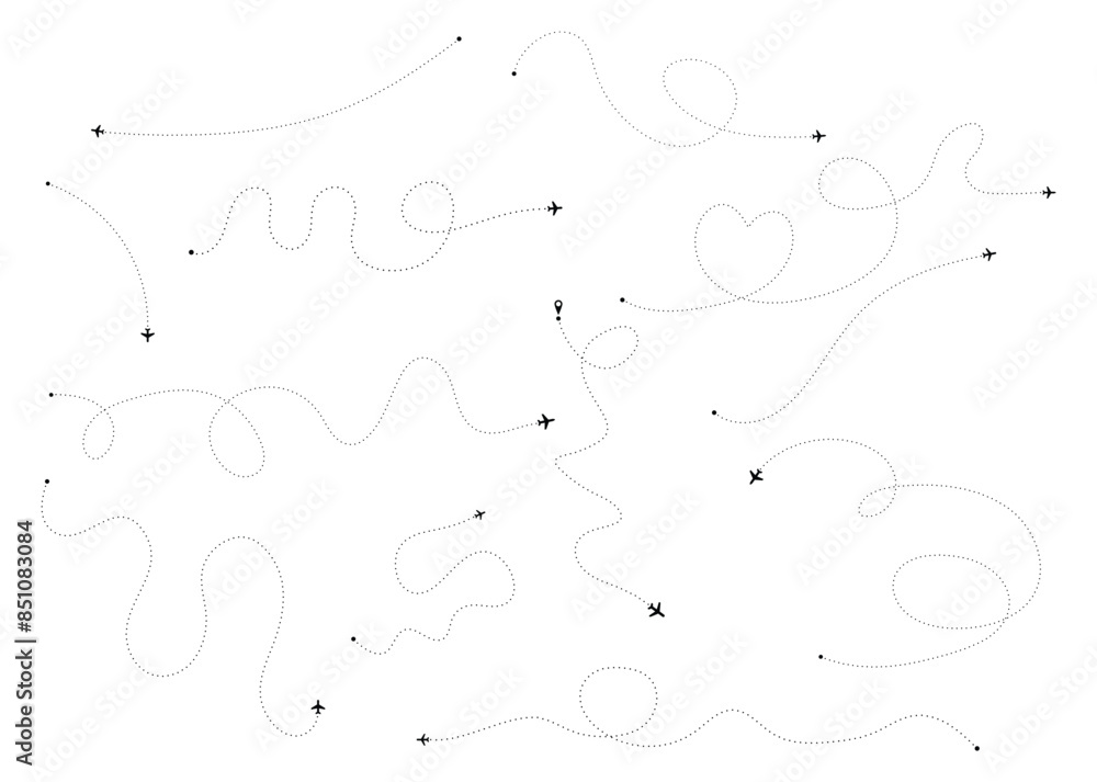Airplane line path icon, aircraft, flight, route, trace, travel, location