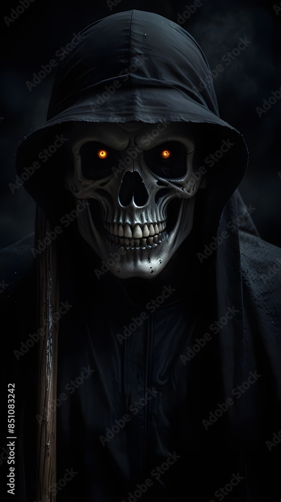 The darkness lurks a terrifying figure, the Grim Reaper, who strikes fear into all who encounter him. Generative AI The darkness lurks a terrifying figure, the Grim Reaper, who strikes fear into all who encounter him. Generative AI