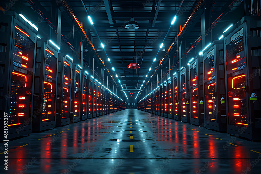 An industrial mining center with numerous rows of computers and servers performing cryptocurrency mining. Bright light trails emanate from the servers, symbolizing data flows An industrial mining center with numerous rows of computers and servers performing cryptocurrency mining. Bright light trails emanate from the servers, symbolizing data flows