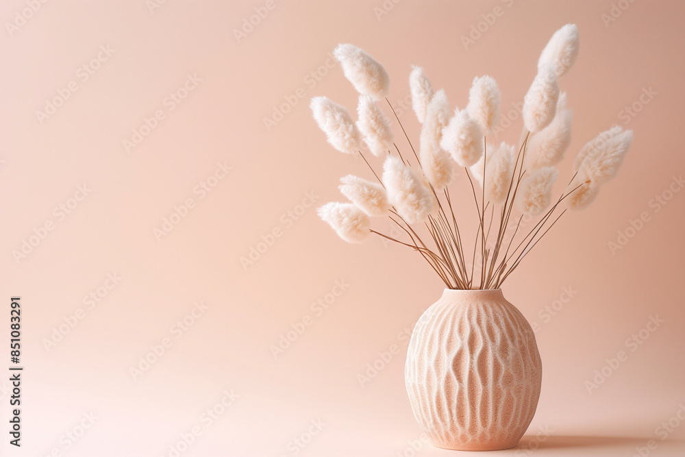 a peach vase with a textured design, holding a bouquet of fluffy, white bunny tail grass. The vase is placed on a surface against a plain peach background. Both the vase and the bunny tail grass creat a peach vase with a textured design, holding a bouquet of fluffy, white bunny tail grass. The vase is placed on a surface against a plain peach background. Both the vase and the bunny tail grass creat