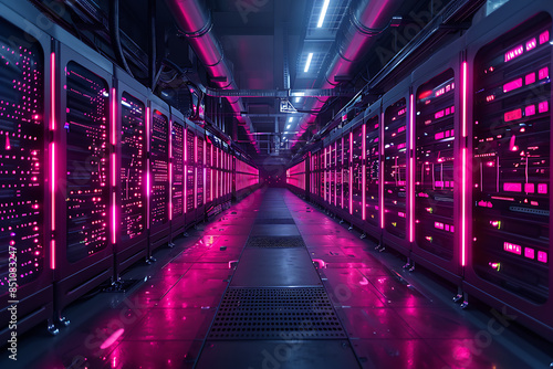 An industrial mining center with numerous rows of computers and servers performing cryptocurrency mining. Bright light trails emanate from the servers, symbolizing data flows © Evhen Pylypchuk
