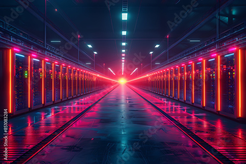 An industrial mining center with numerous rows of computers and servers performing cryptocurrency mining. Bright light trails emanate from the servers  symbolizing data flows