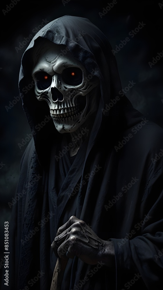 The darkness lurks a terrifying figure, the Grim Reaper, who strikes fear into all who encounter him. Generative AI The darkness lurks a terrifying figure, the Grim Reaper, who strikes fear into all who encounter him. Generative AI