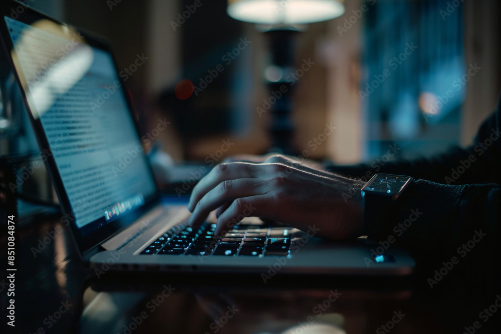 Close-up of hands typing on a laptop at night, creating a focused and productive atmosphere Close-up of hands typing on a laptop at night, creating a focused and productive atmosphere