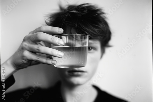 Monochrome photo of woman viewed through distorted water glass, creating artistic visual effect photo