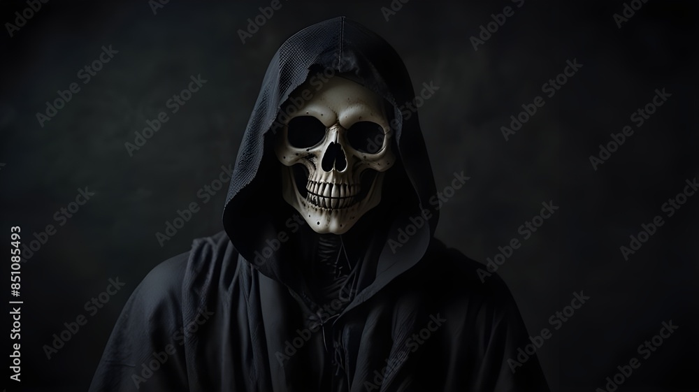 Spooky image of halloween grim reaper with black rope on dark background. Generative AI Spooky image of halloween grim reaper with black rope on dark background. Generative AI