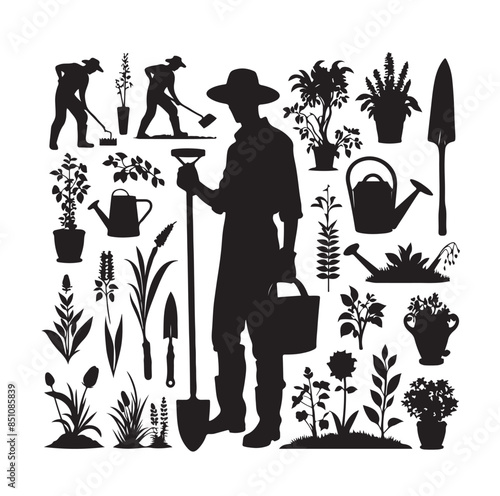 Vector silhouette of a gardener on white background.