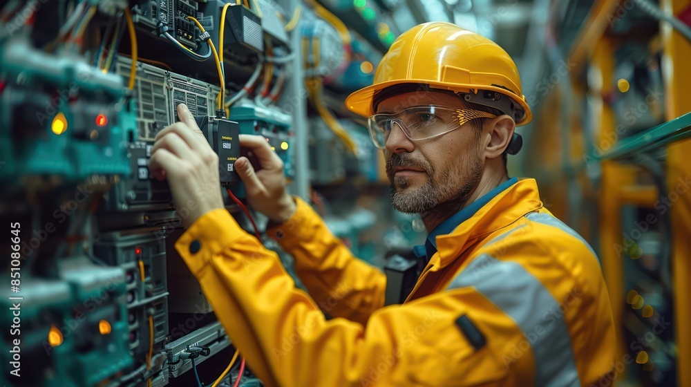 Electrical Engineer Inspecting Circuitry in Industrial Setting Electrical Engineer Inspecting Circuitry in Industrial Setting