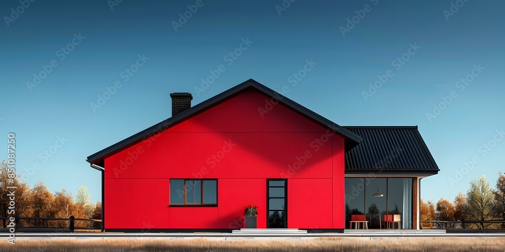 Red House with Black Roof and Windows Red House with Black Roof and Windows