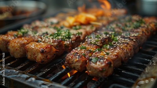 Close-up of Savory Grilled Skewers with Sesame Seeds
