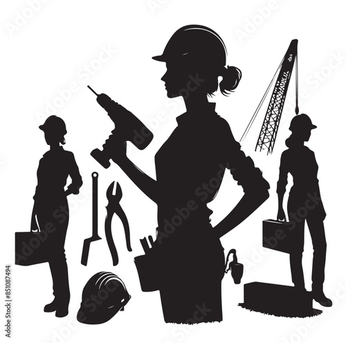 Construction workers wearing uniforms and standing silhouette bundles. Men bricklayers with anonymous faces. Male Mason silhouette on a white background. Male bricklayer silhouette collection.