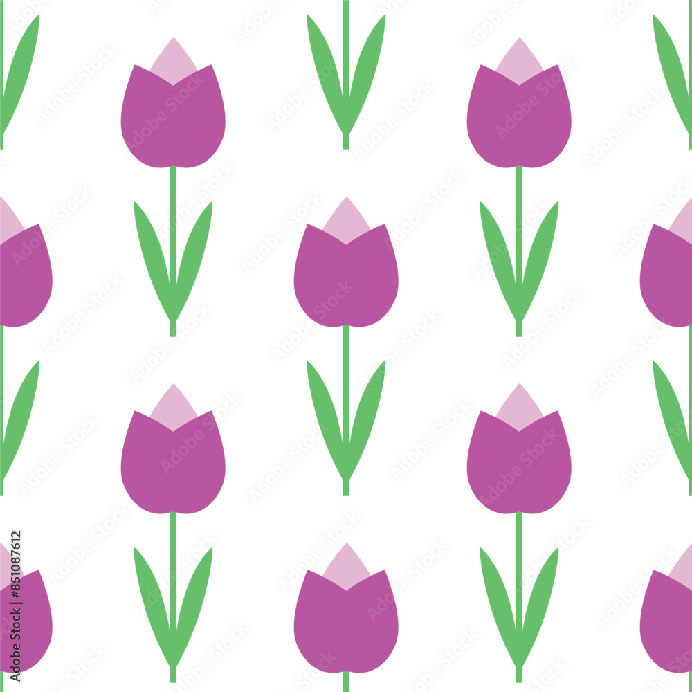 Seamless pattern with purple tulip flowers on white background texture vector. Floral fabric print. Gift wrapping paper. Summer or spring backdrop. Repeating tile. Abstract design template element Seamless pattern with purple tulip flowers on white background texture vector. Floral fabric print. Gift wrapping paper. Summer or spring backdrop. Repeating tile. Abstract design template element